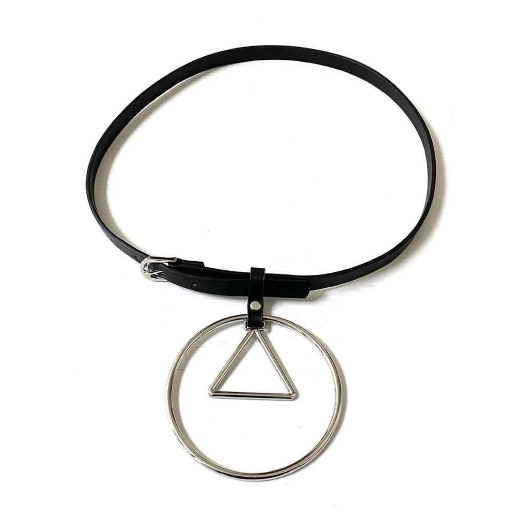 Y2K gothic emo black vegan faux leather belt silver metal buckle triangle o ring